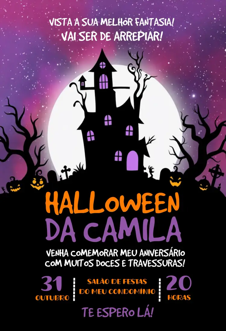 Convite Halloween Bruxas – tema Datas Comemorativas cores escuras, laranja vibrante, elementos gráficos de bruxas, design místico, estilo divertido, temática assustadora