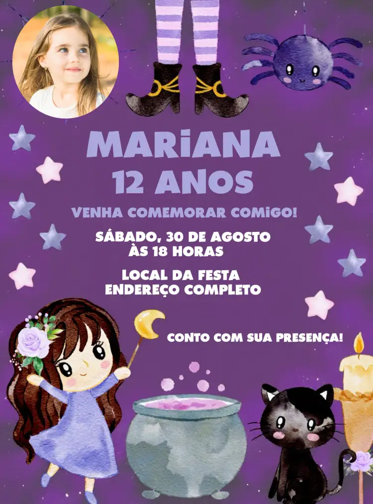 Convite Halloween Com Foto Das – tema Datas Comemorativas aquarela, lilás, roxo, temático, assustador, divertido