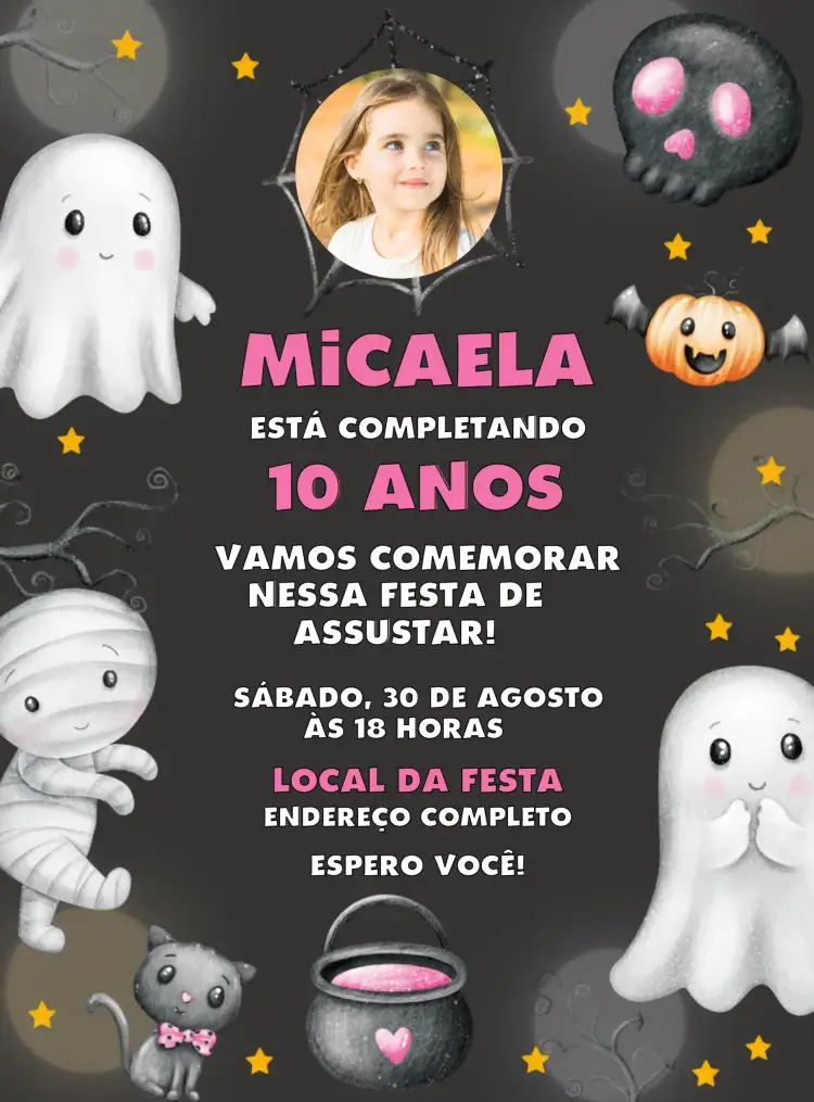 Convite Halloween Com Foto Fantasma – tema Datas Comemorativas cores escuras, elementos gráficos de Halloween, design divertido, bruxas e fantasmas, estilo lúdico
