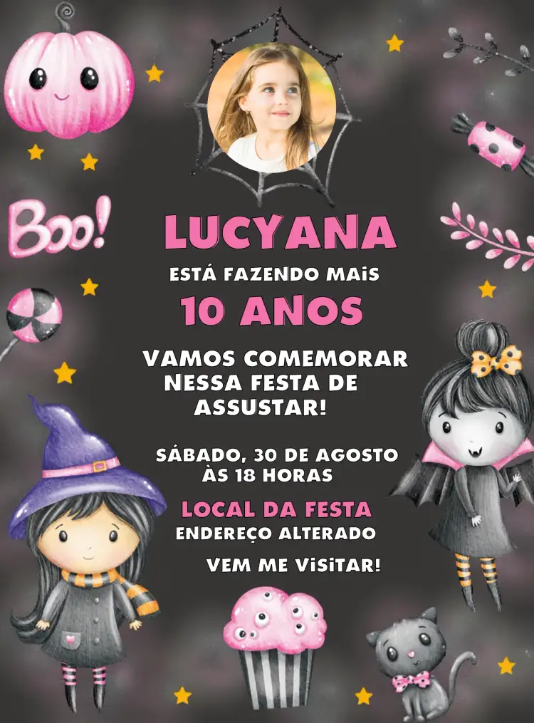 Convite Halloween Com Foto Vampiro – tema Datas Comemorativas rosa, vampiro, temática de Halloween, misterioso, divertido