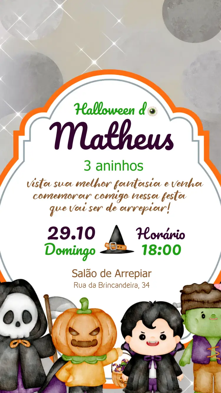 Convite Halloween Cute – tema Datas Comemorativas aquarela, divertido, colorido, lúdico, fantasioso
