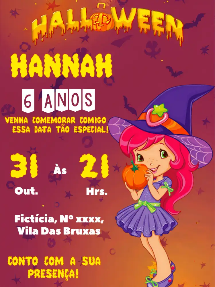Convite Halloween Da Moranguinho Festa – tema Datas Comemorativas cores vibrantes, estilo lúdico, elementos gráficos de Halloween, tema Moranguinho, design colorido, atmosfera festiva