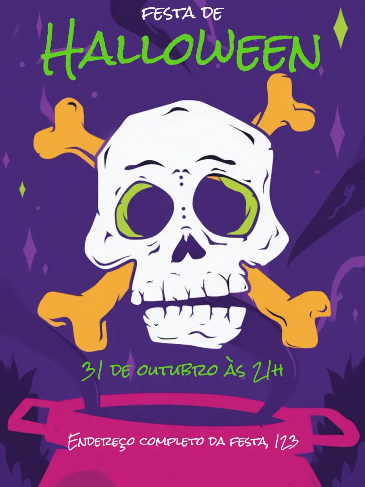Convite Halloween Das – tema Datas Comemorativas roxo, bruxas, caveiras, caldeirões, elementos góticos