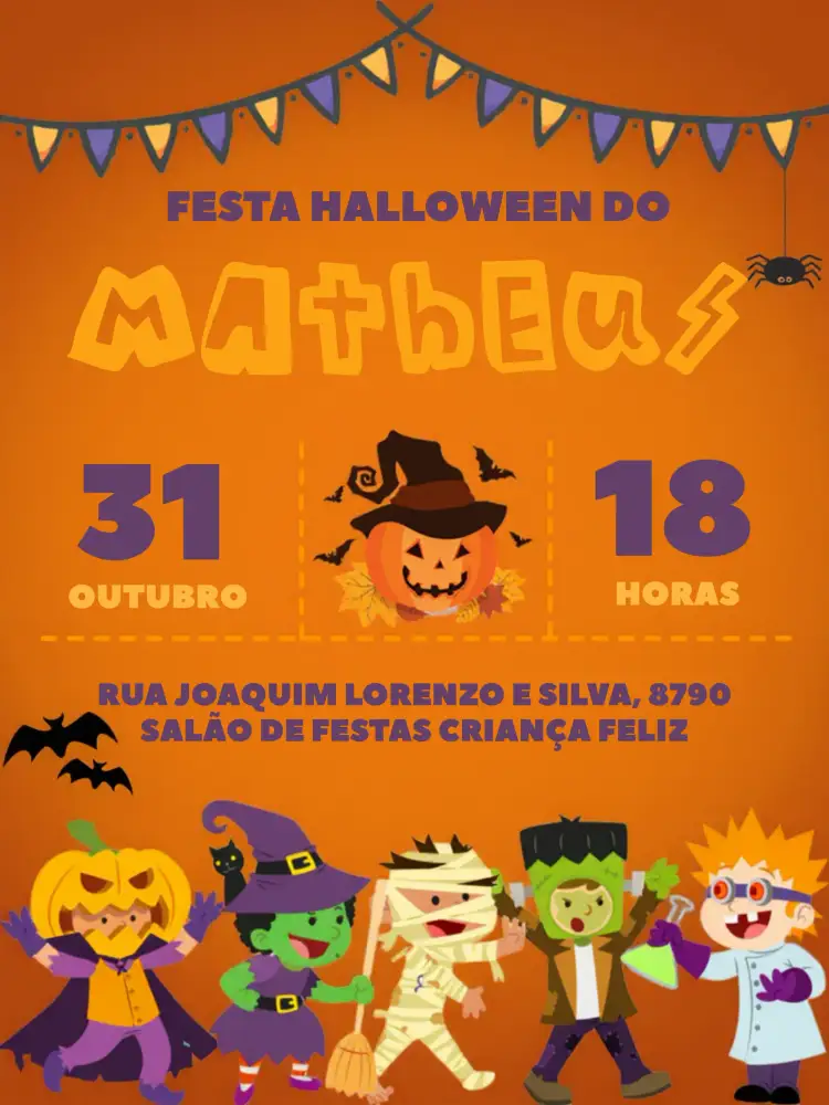 Convite Halloween Das – tema Aniversário Infantil laranja, preto, bruxas, abóboras, morcegos, vampiros