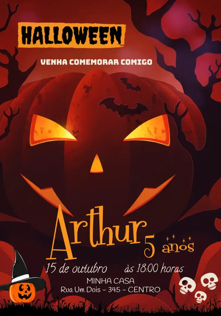 Convite Halloween Das – tema Datas Comemorativas cores laranja e preto, estilo divertido, elementos gráficos de Halloween, design moderno, ilustrações de monstros, detalhes festivos
