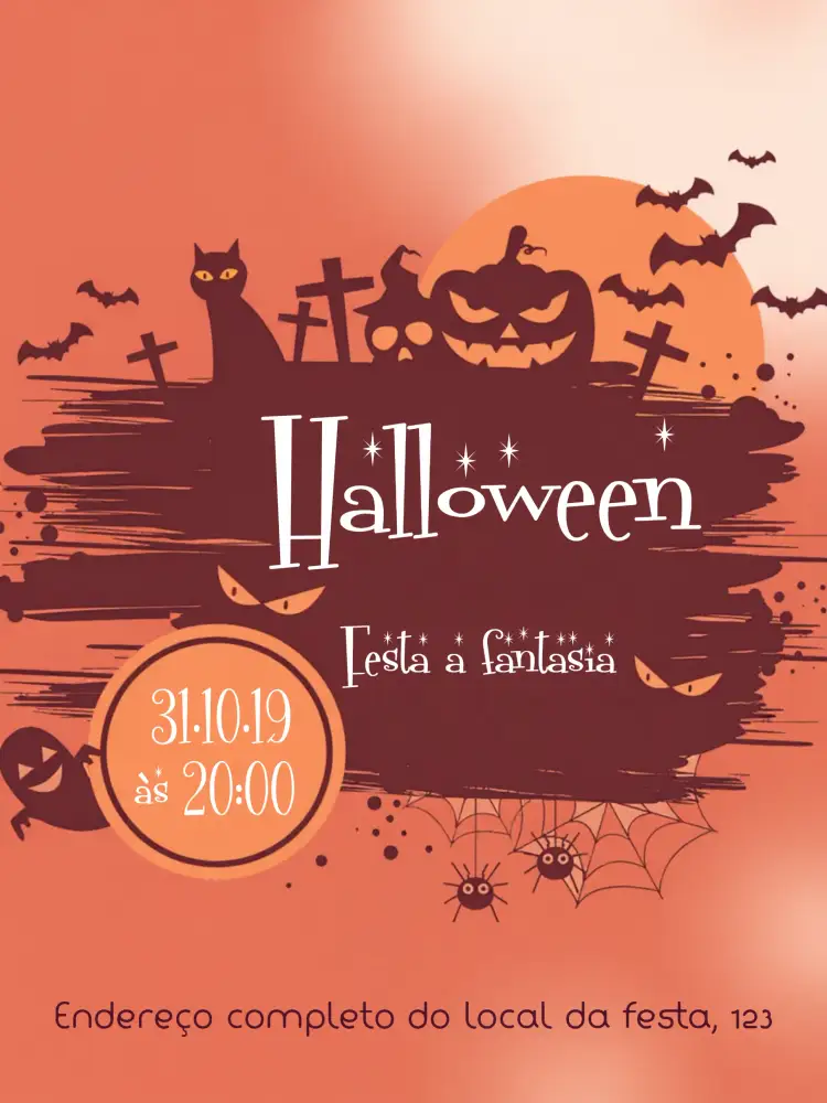 Convite Halloween Das – tema Datas Comemorativas cores escuras, elementos gráficos de bruxas, estilo gótico, fantasia e mistério, abóboras e morcegos