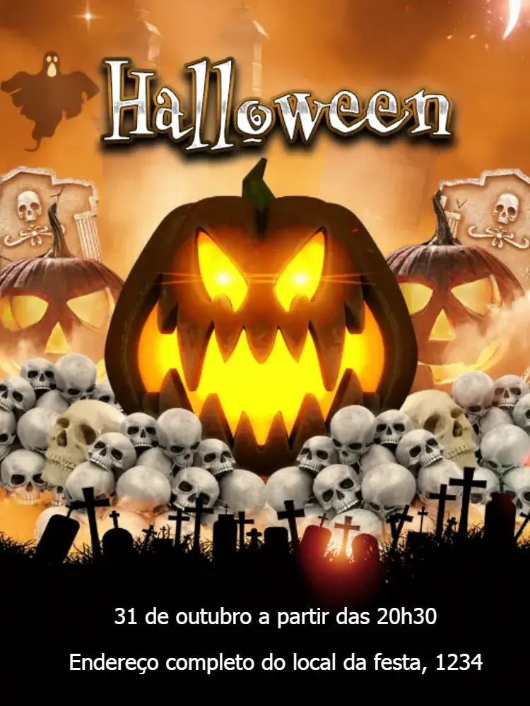 Convite Halloween Dia – tema Datas Comemorativas preto e laranja, elementos gráficos de Halloween, design divertido, estilo festivo, gráficos de bruxas, caveiras e abóboras