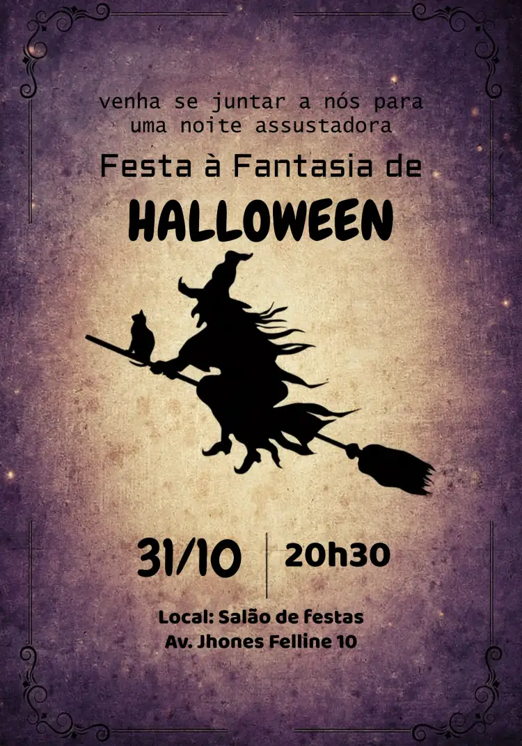 Convite Halloween Dia – tema Datas Comemorativas cores escuras, ilustrações de bruxas, elementos de abóbora, estilo divertido, gráficos assustadores, toques coloridos