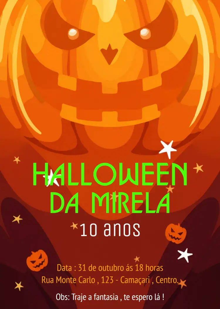 Convite Halloween Dia – tema Datas Comemorativas cores laranja e preto, estilo divertido, elementos gráficos de halloween, vintage, ilustrações de bruxas, abóboras estilizadas