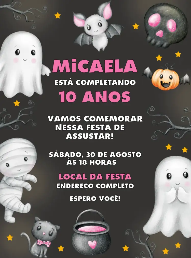 Convite Halloween Dia – tema Datas Comemorativas rosa, fantasia, divertido, misterioso, infantil, colorido