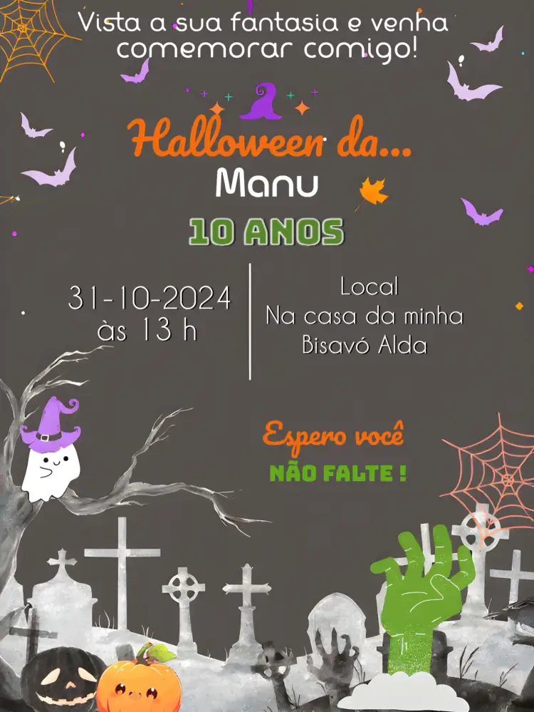 Convite Halloween Dia – tema Datas Comemorativas colorido, sombrio, fantasioso, bruxas, cemitério, divertido