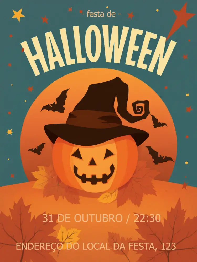Convite Halloween Fantasia – tema Datas Comemorativas cores escuras, ilustrações de Halloween, estilo divertido, elementos gráficos temáticos, design moderno, atmosfera mágica