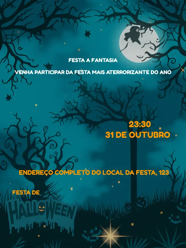 Convite Halloween Fantasia – tema Datas Comemorativas sombras, cores escuras, abóboras, fantasmas, bruxas, estilo lúdico