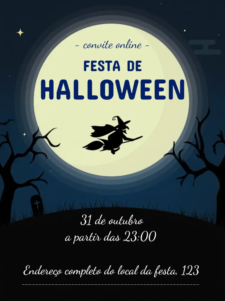 Convite Halloween Fantasia – tema Datas Comemorativas cores escuras, elementos gráficos de Halloween, estilo divertido, ilustrações de bruxas, abóboras, fantasmas