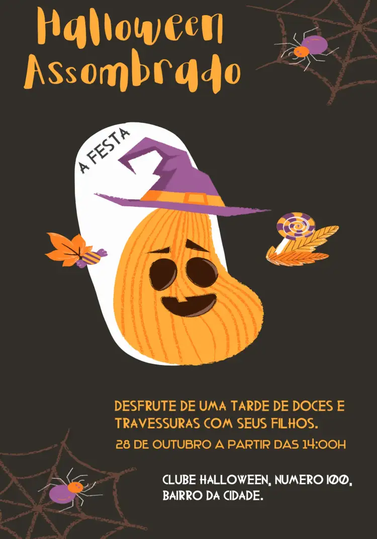 Convite Halloween Fantasma – tema Datas Comemorativas cores laranja e preto, estilo divertido, elementos gráficos de fantasmas, abóboras estilizadas, design festivo, ilustrações de doces