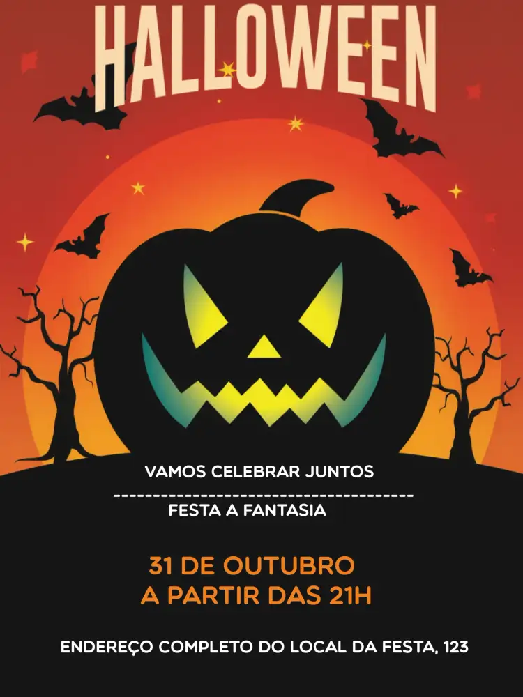 Convite Halloween Festa – tema Datas Comemorativas preto, laranja, roxo, morcegos, bruxas, abóboras