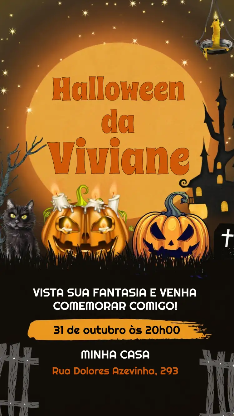 Convite Halloween Gato – tema Datas Comemorativas cores laranja e preto, estilo divertido, elementos gráficos de Halloween, design moderno, ilustrações de gatos, atmosfera festiva