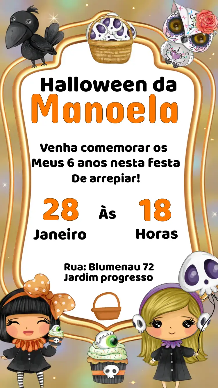 Convite Halloween Menina Das – tema Datas Comemorativas preto e laranja, temática Halloween, elementos gráficos de cupcakes, design infantil, estilo divertido, atmosfera mágica