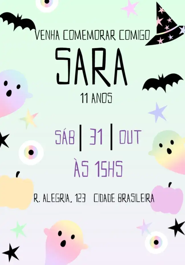 Convite Halloween Neon – tema Datas Comemorativas neon, holográfico, fantasmas, colorido, divertido