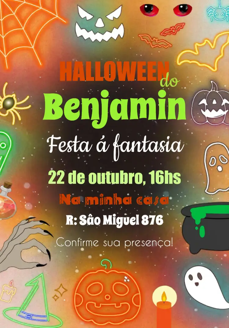 Convite Halloween Neon Das – tema Datas Comemorativas neon, assustador, colorido, divertido, infantil, temático