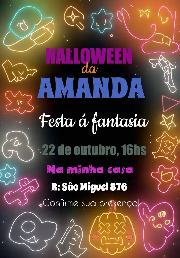 Convite Halloween Neon Dia – tema Datas Comemorativas neon, assustador, moderno, colorido, divertido, temático