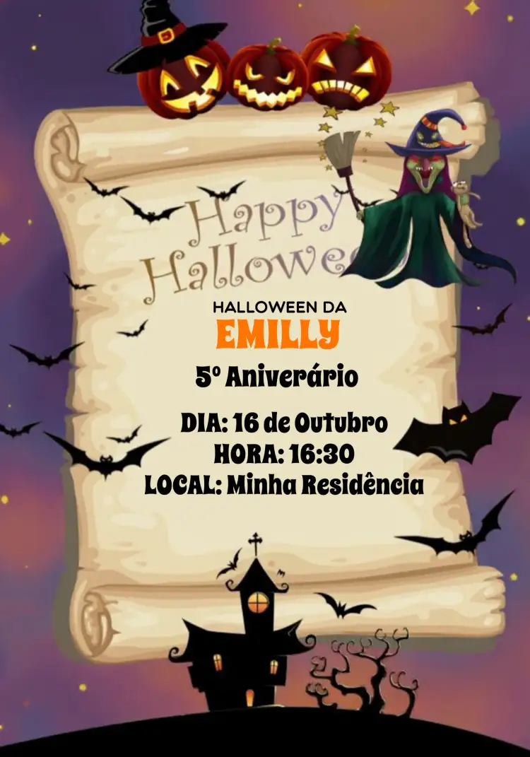 Convite Halloween Preto – tema Datas Comemorativas preto, laranja, temático, misterioso, divertido, gráfico