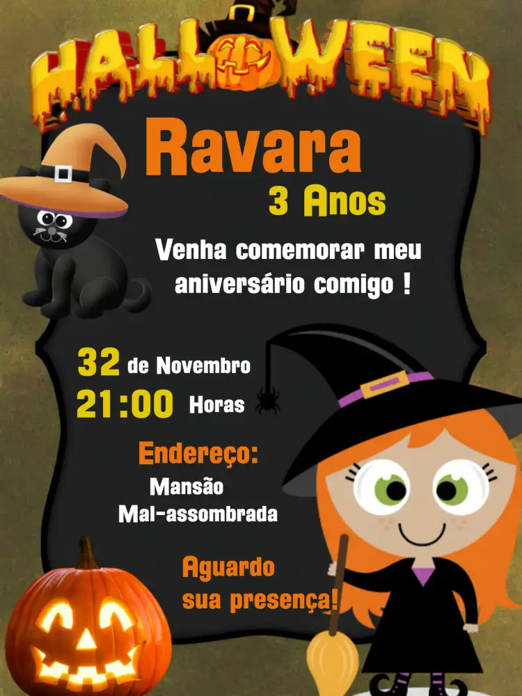 Convite Halloween Preto – tema Datas Comemorativas misterioso, sombrio, divertido, colorido, temático
