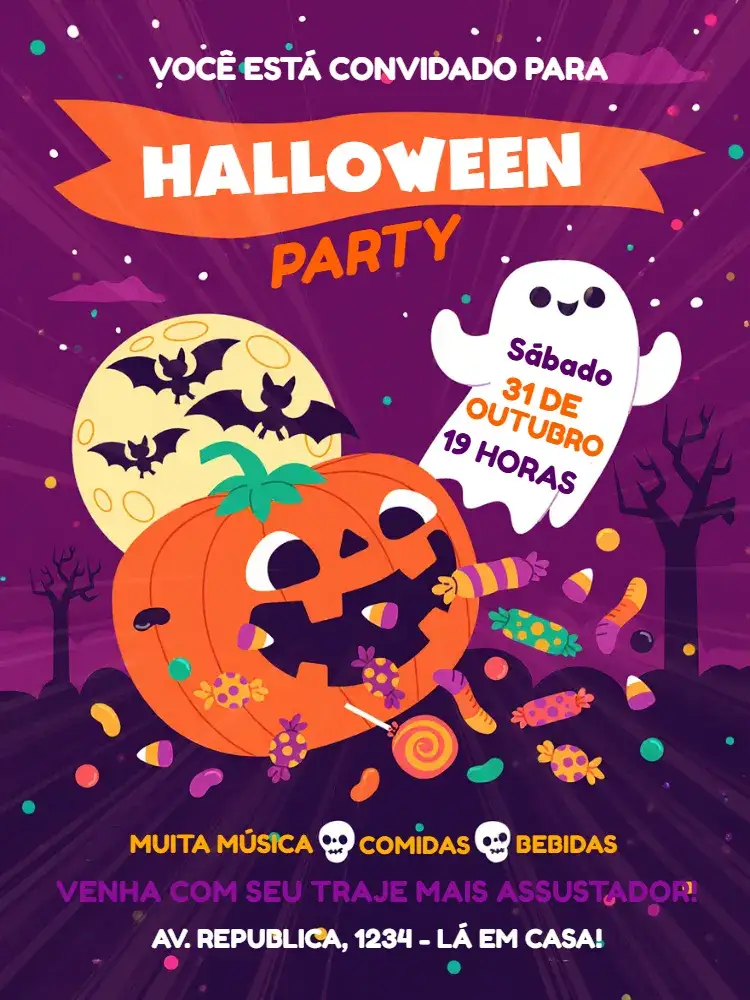 Convite Halloween Rosa – tema Datas Comemorativas cores vibrantes, estilo lúdico, elementos gráficos divertidos, design moderno, tema de Halloween, inspirado em festa