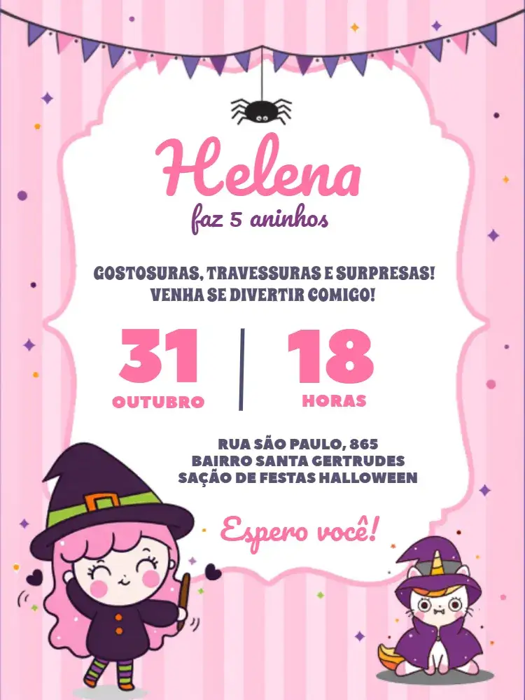 Convite Halloween Rosa Bruxas – tema Datas Comemorativas rosa, mágico, divertido, infantil, temático, colorido