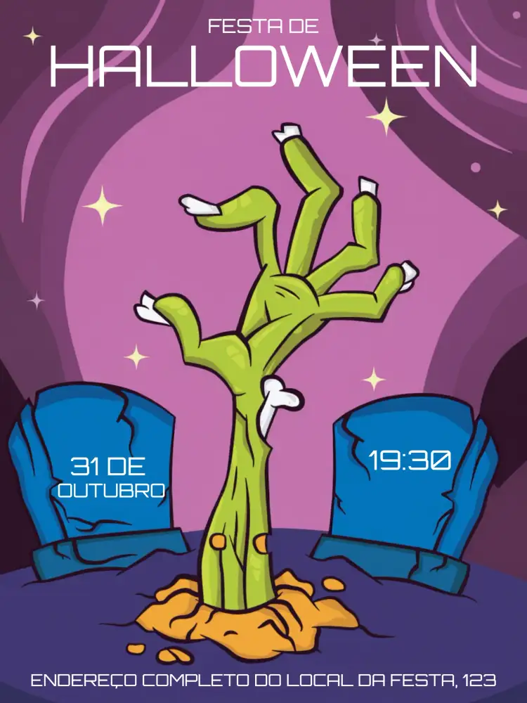 Convite Halloween Roxo – tema Datas Comemorativas roxo, preto, verde, zumbi, bruxas, festa temática