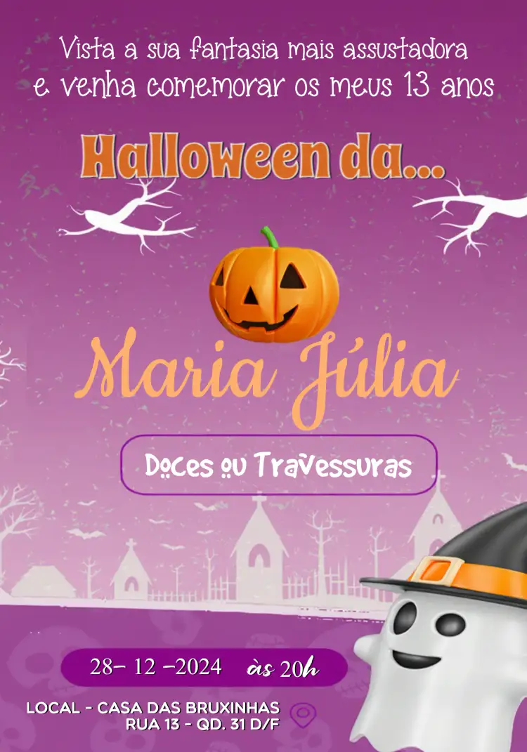 Convite Halloween Roxo – tema Datas Comemorativas roxo, amarelo, fantasmas, abóboras, divertido, temático