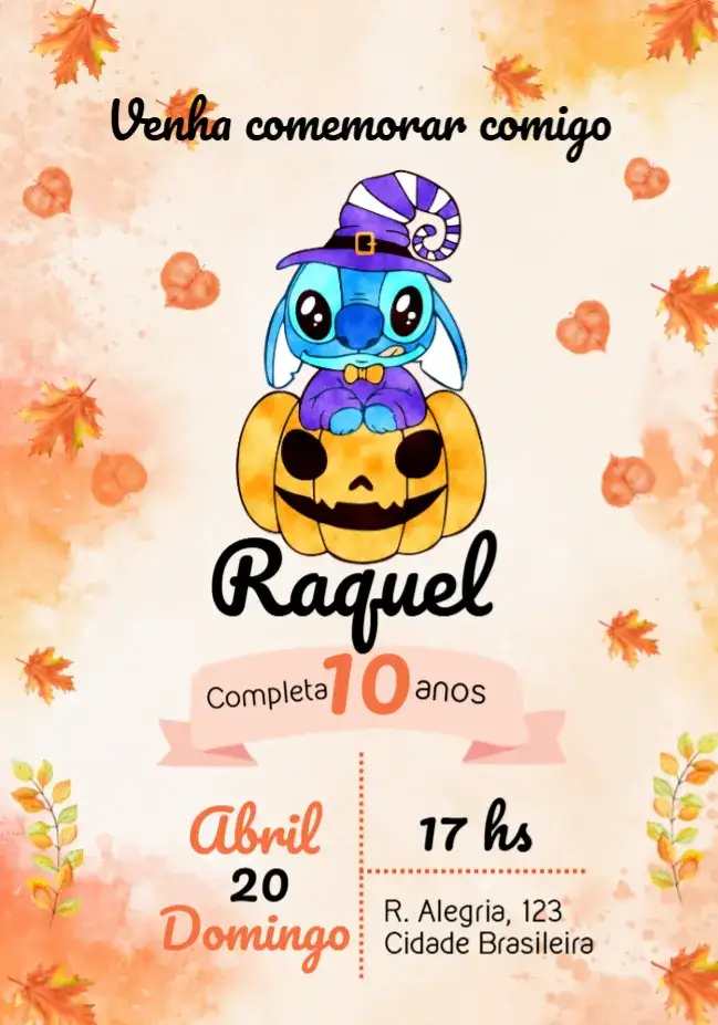 Convite Halloween Stitch Laranja – tema Datas Comemorativas laranja vibrante, temática de Halloween, personagem Stitch, divertido e colorido, festa temática, estilo moderno