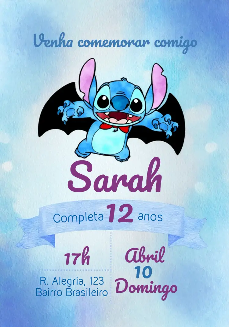 Convite Halloween Stitch Morcego Bruxas – tema Datas Comemorativas azul vibrante, divertido, temático, ilustrações de Halloween, morcegos e bruxas, criativo