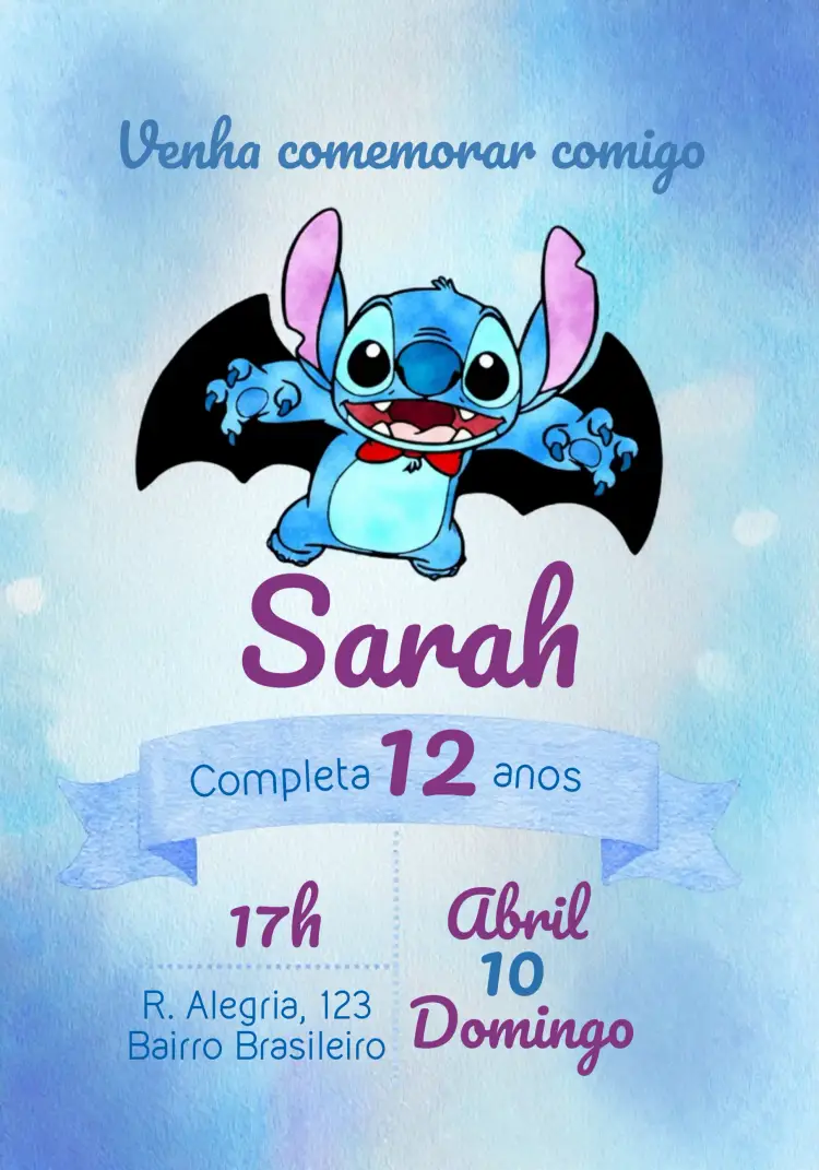 Convite Halloween Stitch Morcego Bruxas