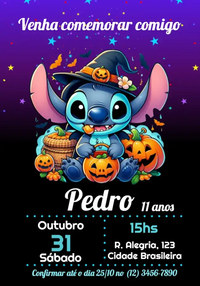 Convite Halloween Stitch Roxo – tema Datas Comemorativas lilás, roxo, divertido, temático, infantil, moderno