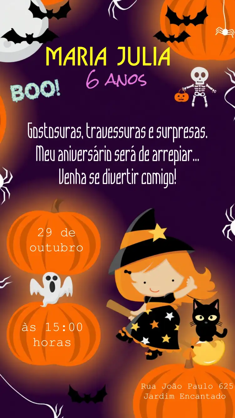 Convite Halloween Terror – tema Datas Comemorativas roxo, laranja, terror, esqueleto, festa temática