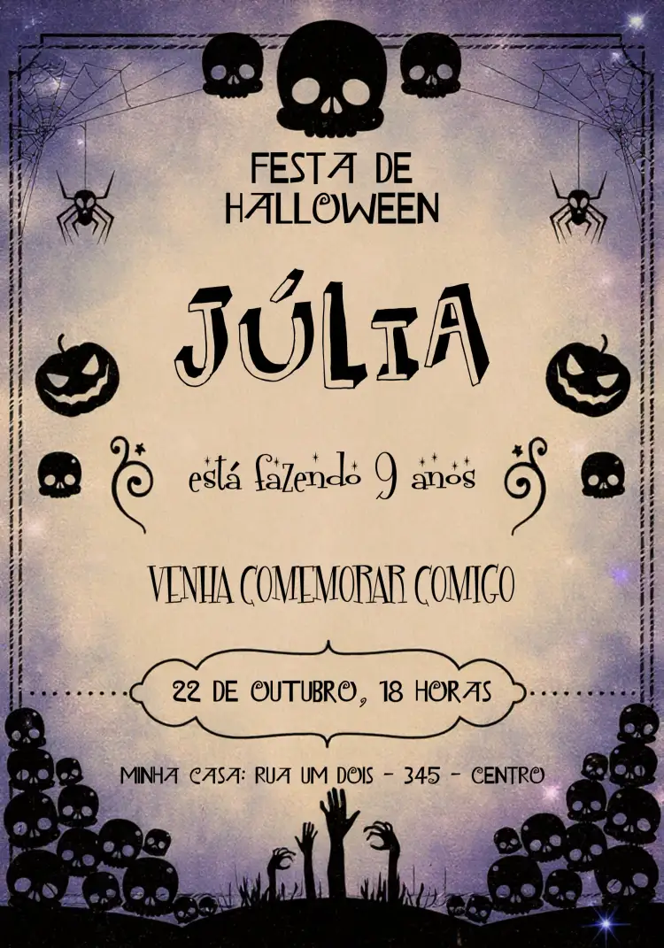 Convite Halloween Travessuras – tema Datas Comemorativas cores escuras, ilustrações de Halloween, elementos gráficos divertidos, estilo festivo, design moderno, tipografia divertida