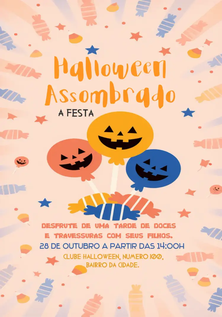 Convite Halloween Trick – tema Datas Comemorativas cores laranja e preto, estilo divertido, elementos gráficos de Halloween, design moderno, vintage assustador, ilustrações de monstros