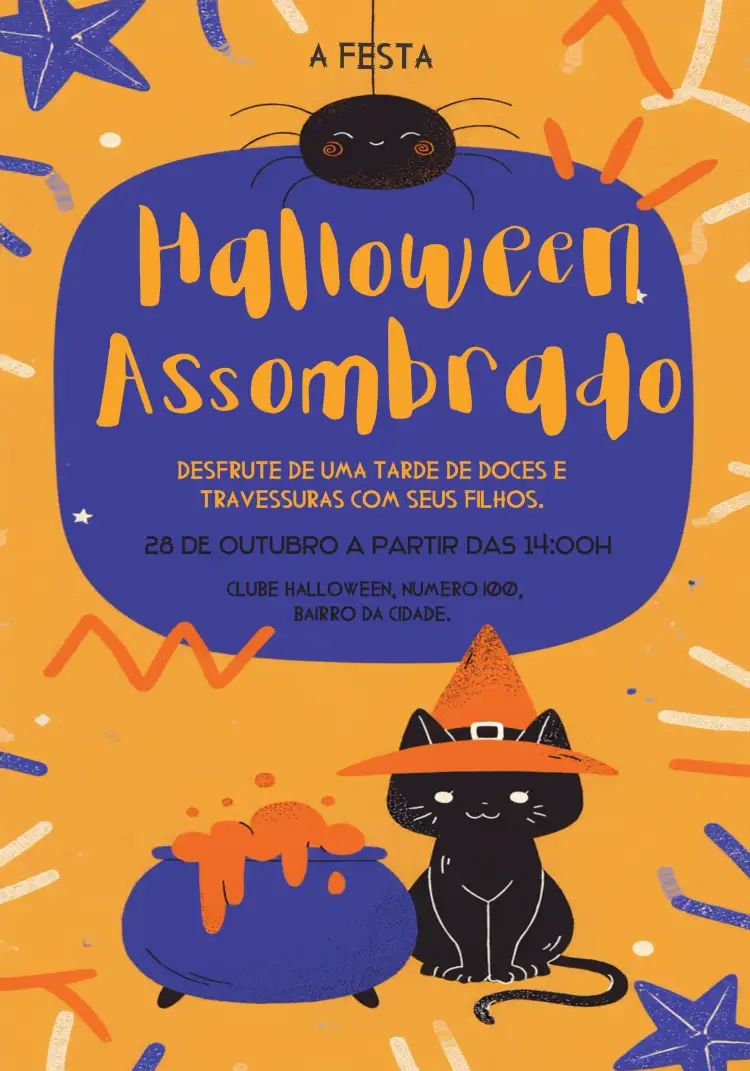 Convite Halloween Trick – tema Datas Comemorativas cores vibrantes, design moderno, elementos gráficos de Halloween, estilo festivo, atmosfera mágica