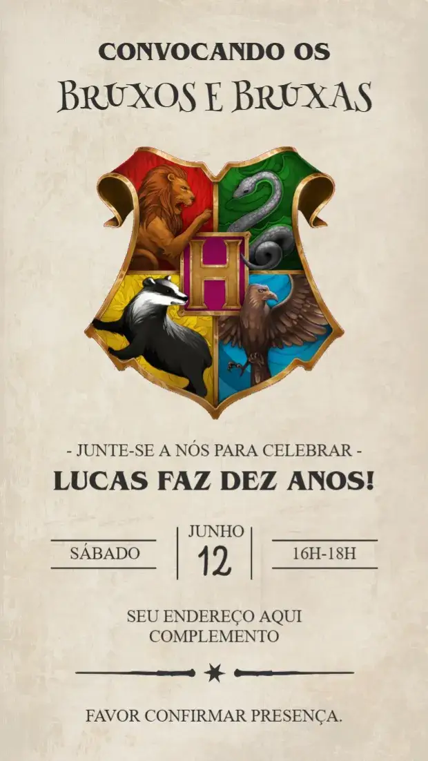 Convite Harry Potter – tema Aniversário Infantil mágico, temático, bruxaria, vibrante, fantasia, colorido