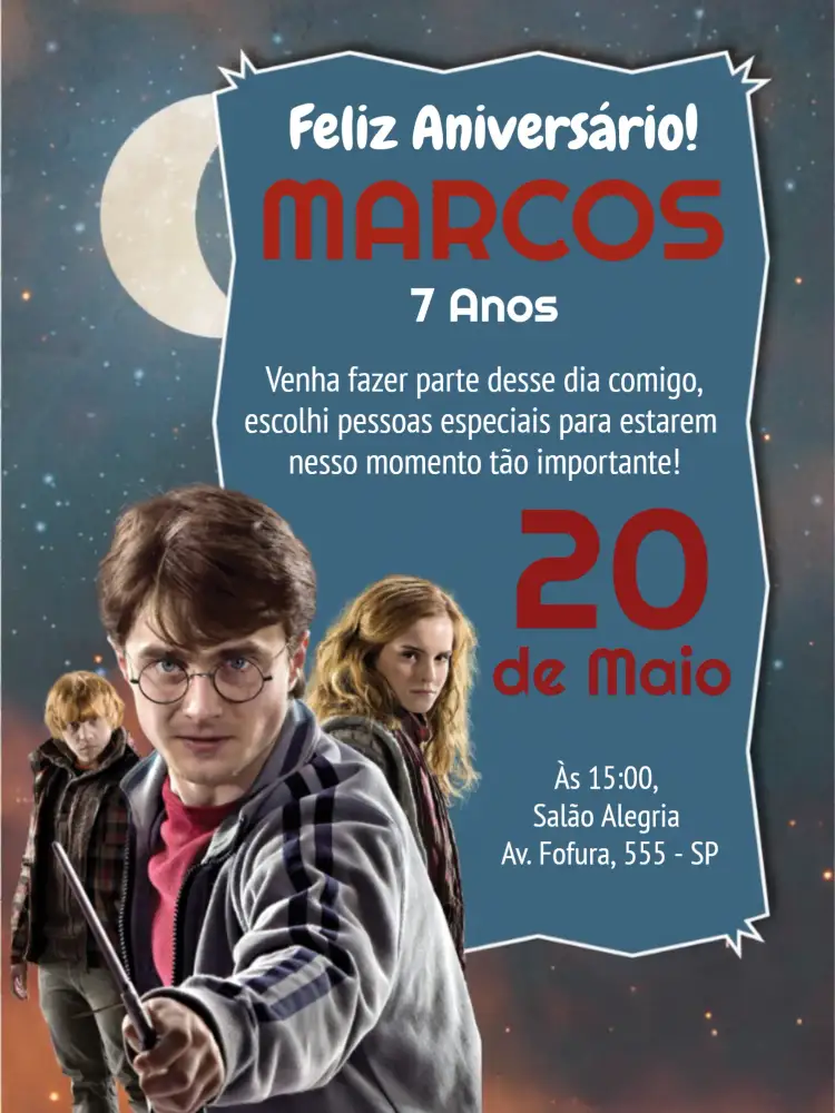 Convite Harry Potter Azul – tema Aniversário Infantil azul, vermelho, mágico, fantasia, bruxaria