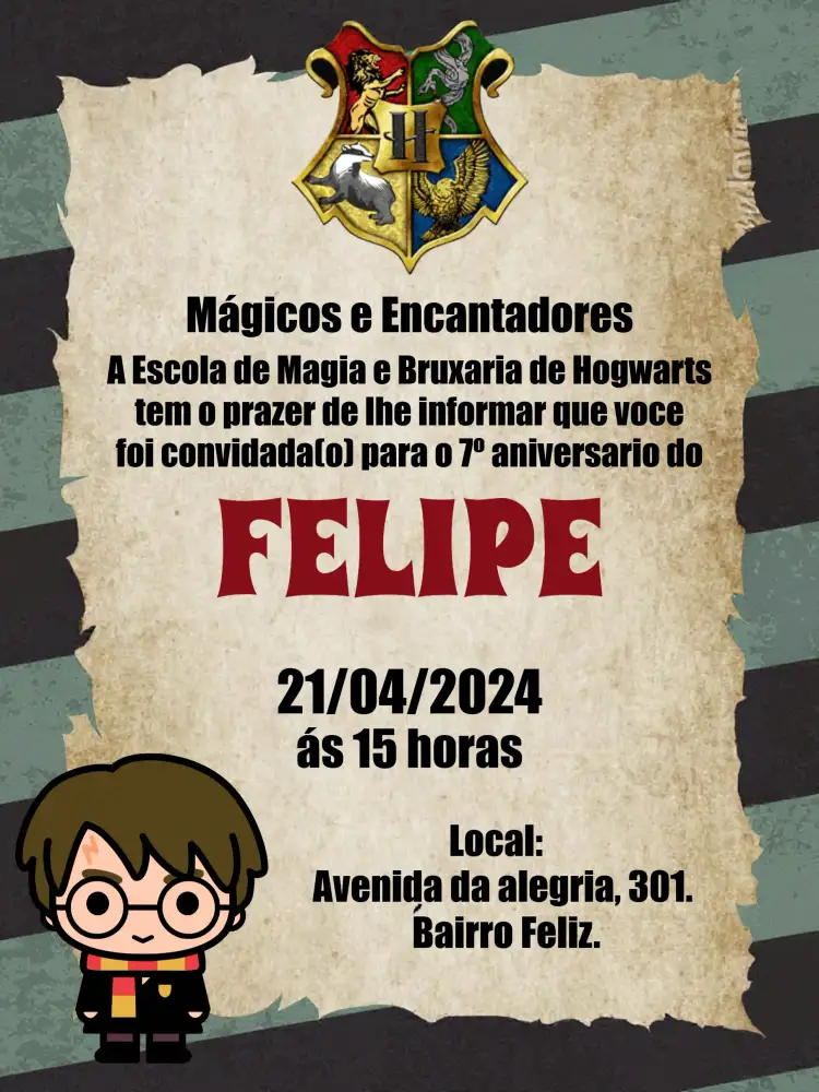 Convite Harry Potter Bruxo – tema Aniversário Infantil mágico, fantasia, escuro com brilho, ilustrações de bruxos, cores vibrantes, elementos de Hogwarts