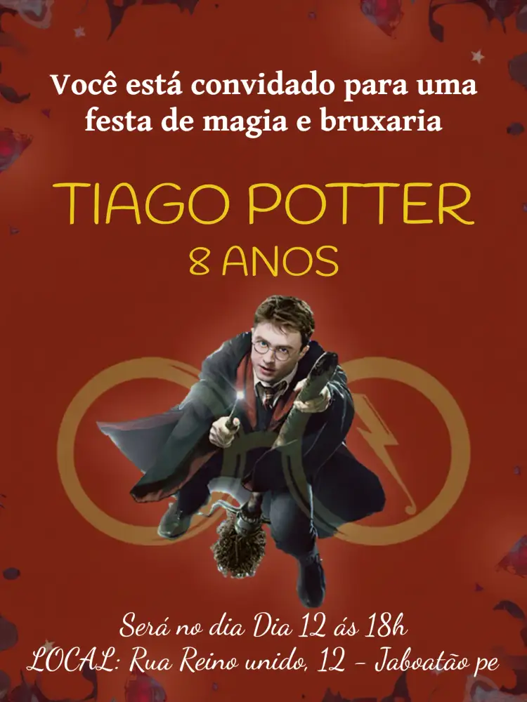 Convite Harry Potter Bruxo – tema Aniversário Infantil vermelho, mágico, fantasia, jovem, aventura