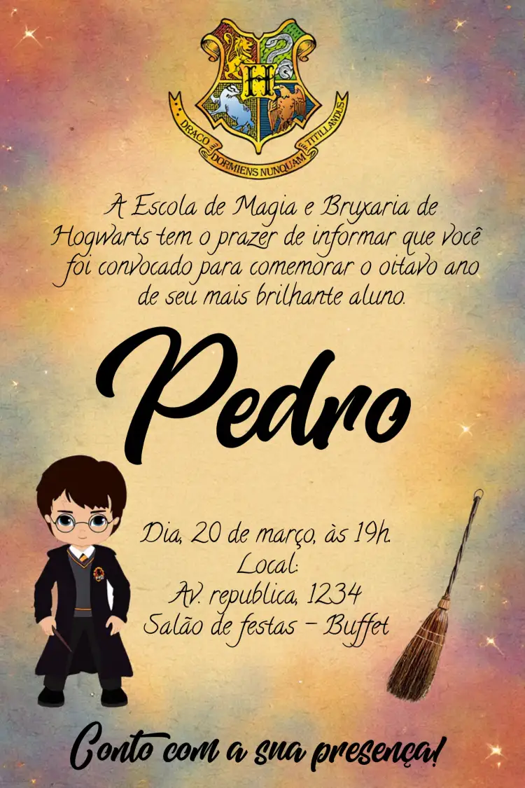 Convite Harry Potter Carta De Hogwarts Cute – tema Aniversário Infantil mágico, fantasia, colorido, divertido, jovial, ilustrativo