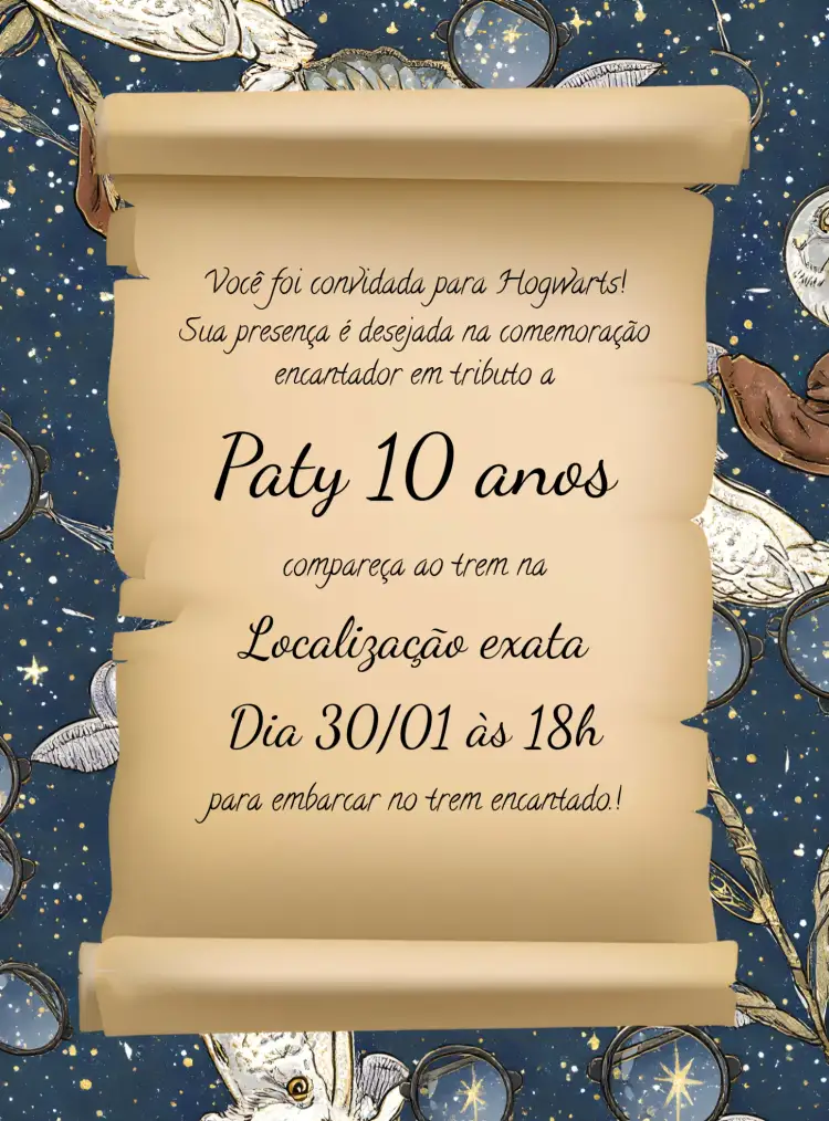 Convite Harry Potter Carta De Hogwarts Expresso – tema Aniversário Infantil mágico, fantasia, vintage, aquarela, colorido, ilustrações lúdicas