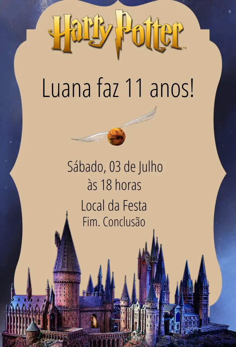 Convite Harry Potter Castelo Hogwarts Mágico – tema Aniversário Infantil mágico, fantasia, bruxaria, colorido, infantil