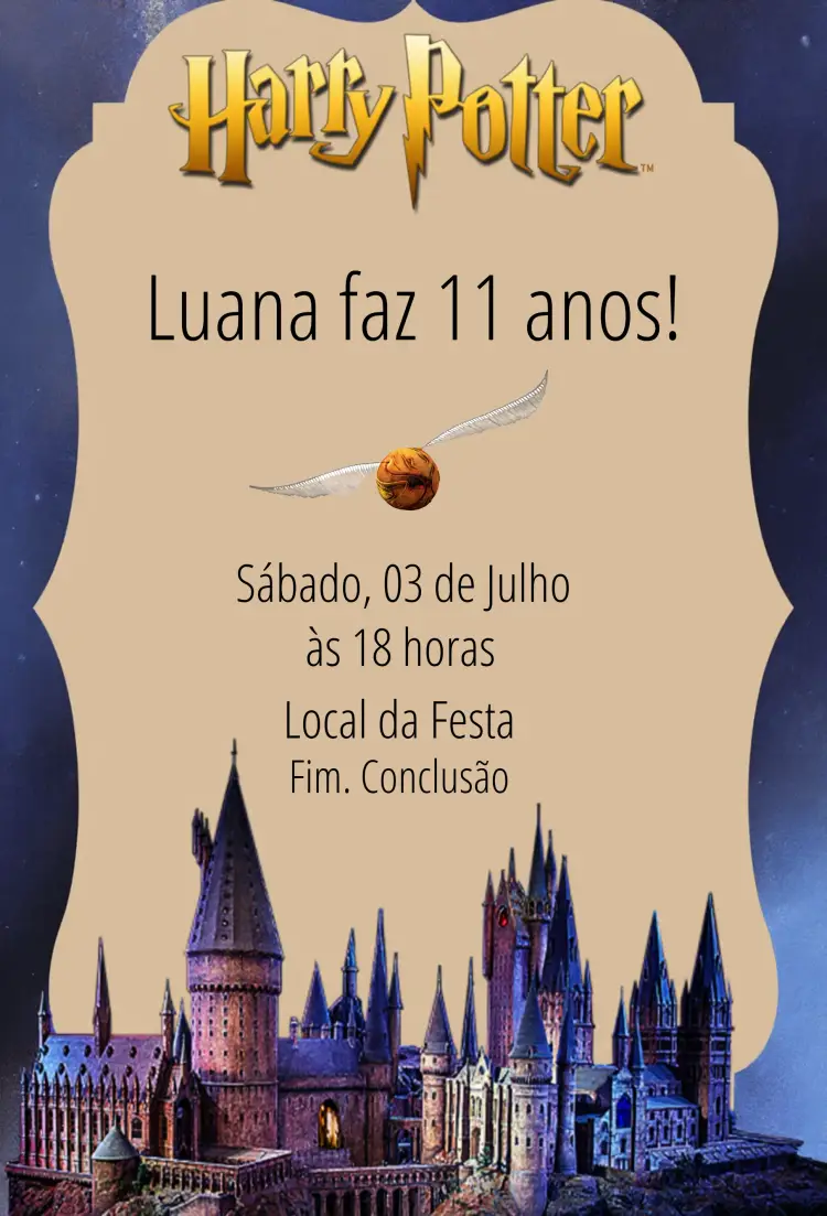 Convite Harry Potter Castelo Hogwarts Mágico