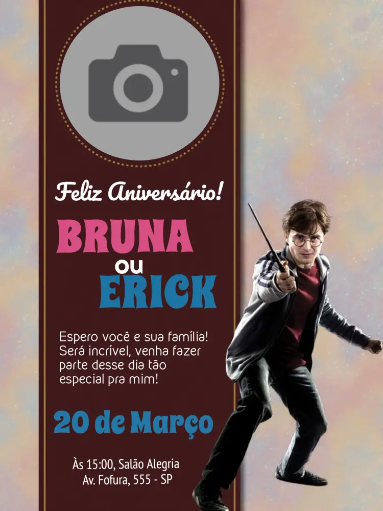 Convite Harry Potter Com Foto Azul