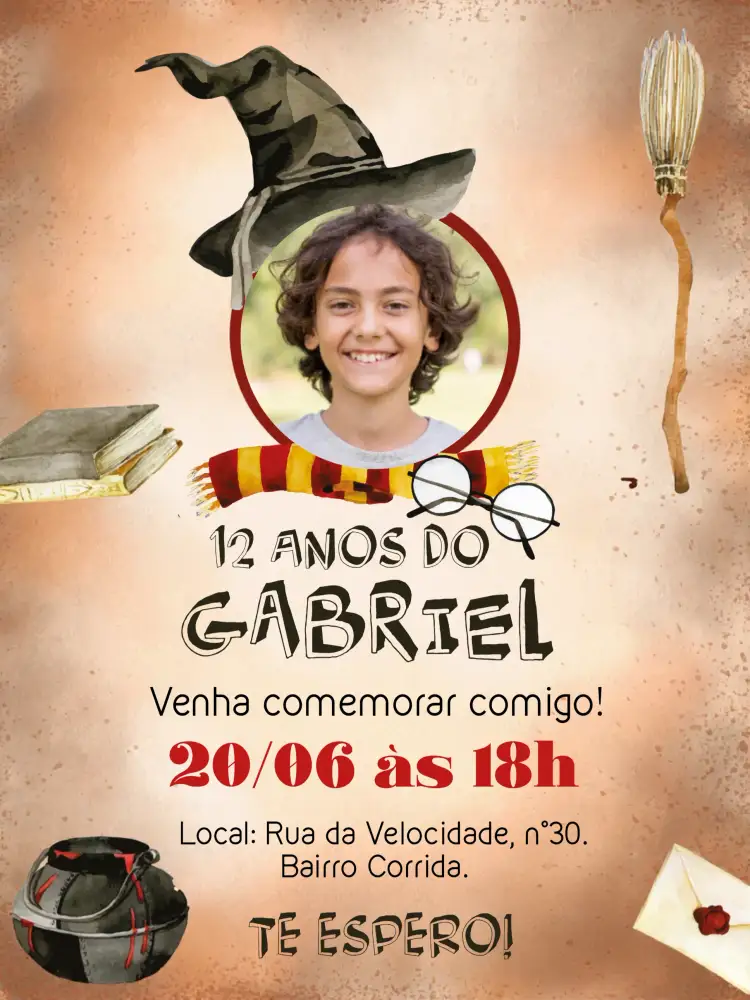 Convite Harry Potter Com Foto Cinza – tema Mais pesquisados cinza, vermelho, aquarela, vintage, mágico, temático