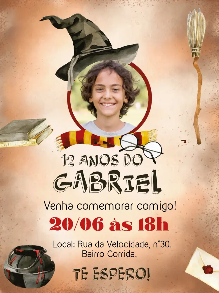 Convite Harry Potter Com Foto Cinza